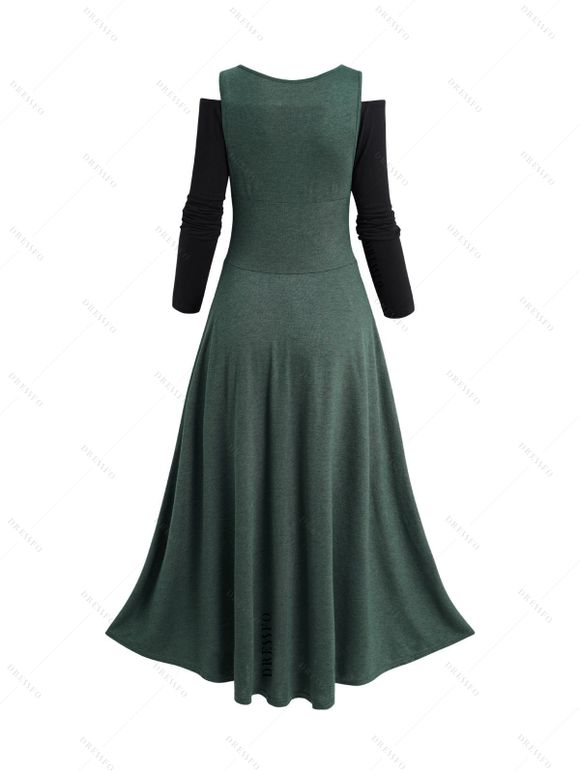 Robe Mi-longue à Soleil et Lune en Blocs de Couleurs à Epaule Dénudée à Manches Longues à Lacets - Vert profond M | US 6