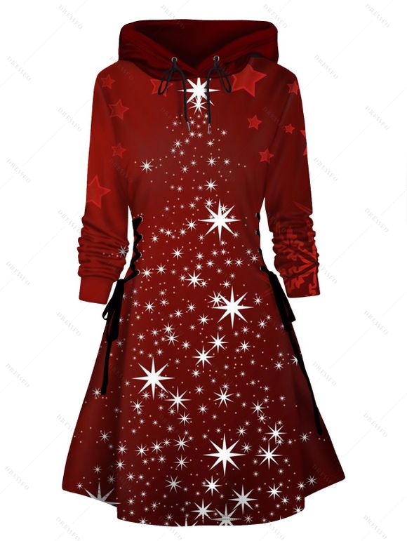 Mini-Robe à Capuche avec Lacets et à Imprimé Etoiles et Papillons de Noël - Rouge M | US 6