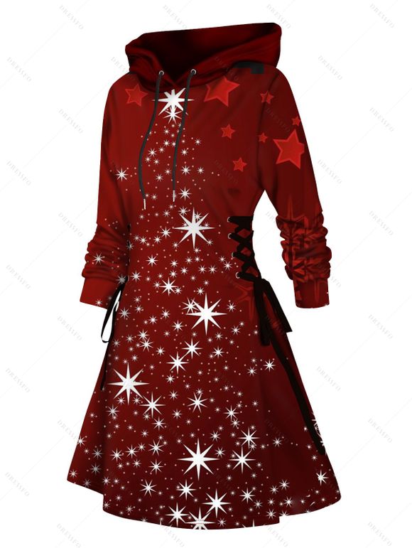 Mini-Robe à Capuche avec Lacets et à Imprimé Etoiles et Papillons de Noël - Rouge M | US 6