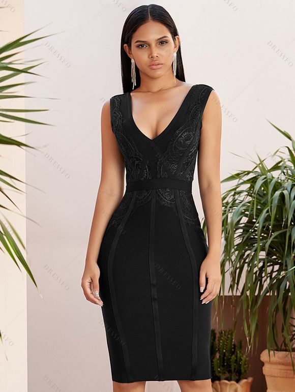 Robe Courte Moulante Florale à Col en V à Fente Élevée - Noir L | US 8
