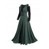 Robe Mi-longue à Soleil et Lune en Blocs de Couleurs à Epaule Dénudée à Manches Longues à Lacets - Vert profond M | US 6