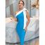 Robe Mi-Longue Moulante Fendue à Epaule Dénudée en Blocs de Couleurs à Col Oblique avec Nœud Papillon - Bleu Ciel L | US 8