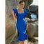 Robe Mi-longue Moulante à Col Carré à Manches Volantées en Couleur Solide pour Femme - Bleu L | US 8