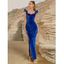 Robe de Bal Longue Moulante en Velours à Fente Élevée à Épaules Dénudées - Bleu L | US 8