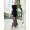 Maxi Robe Moulante de Soirée Sirène en Maille Transparente en Velours à Manches Evasées - Noir L | US 8