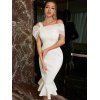 Robe Mi-Longue Moulante à Epaule Dénudée à Ourlet Sirène en Maille Transparente - Blanc L | US 8