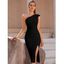 Robe Mi-Longue de Soirée Moulante en Couleur Unie à Col Oblique - Noir L | US 8