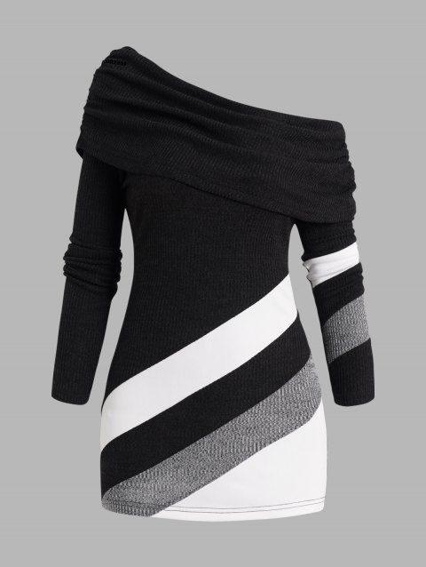 Foldover Skew Collar Knit Top Contrast Colorblock Stripe Panel Knitted Top