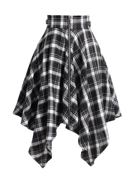 Plaid Midi Asymmetric Skirt Zip Up Buckle Strap Handkerchief Skirt