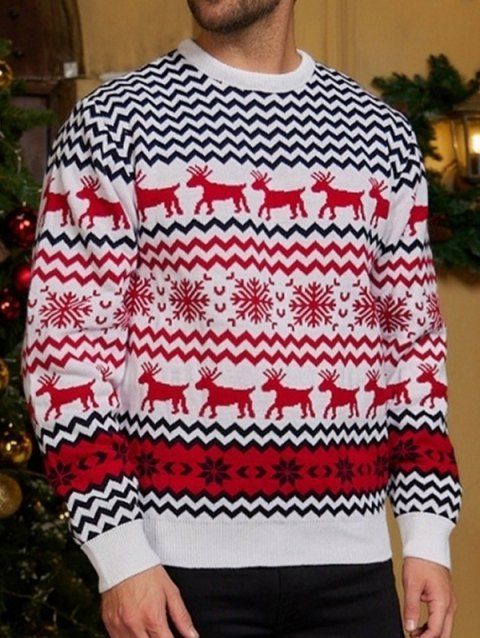 MEN Christmas Elk Snowflake Chevron Graphic Ugly Sweater Crew Neck Ribbed Hem Pullover Sweater