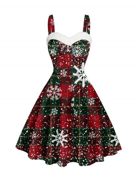 Christmas Snowflake Plaid Print Mini Dress Sweetheart Neck Faux Fur Panel Dress