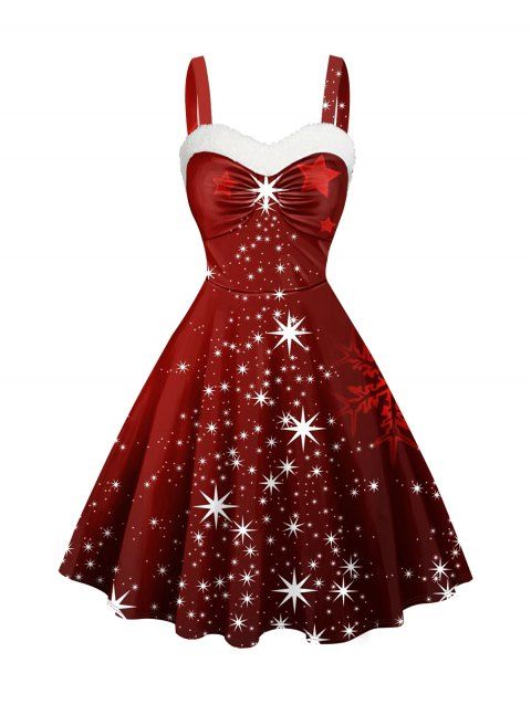 Christmas Star Snowflake Print Mini Dress Faux Fur Panel Ruched Sweetheart Neck Dress