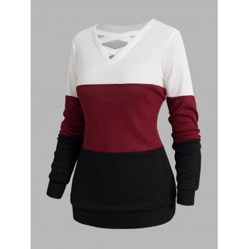 

Contrast Colorblock Top Crisscross V Neck Long Sleeve Casual Top, Multicolor