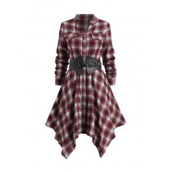 

Plaid Print Belted Asymmetric Shirt Dress Long Sleeve Button Up Midi Handkerchief Dress, Red