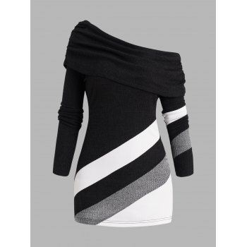 

Foldover Skew Collar Knit Top Contrast Colorblock Stripe Panel Knitted Top, Black