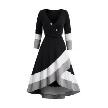 

Colorblock Panel Overlap High Low Midi Dress Mock Button Surplice Plunge Long Sleeve Dress, Black