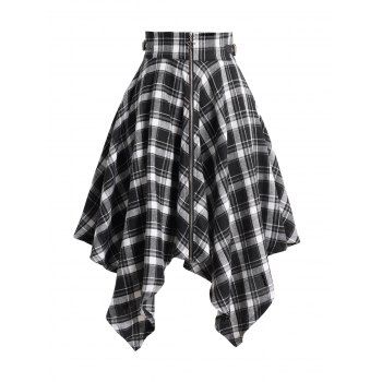 

Plaid Midi Asymmetric Skirt Zip Up Buckle Strap Handkerchief Skirt, Black