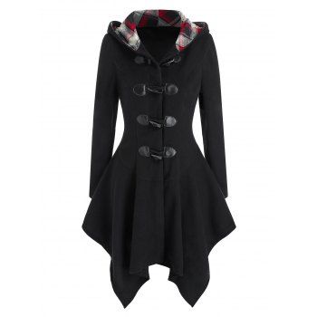 

Hooded Horn Toggle Hanky Hem Wool Blend Coat, Black