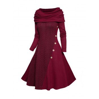 

Cable Knit Panel Long Sleeve Knit Dress Mock Button Cowl Neck A Line Knitted Dress, Deep red