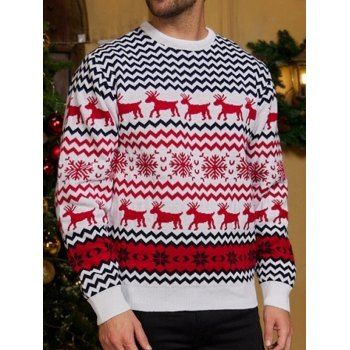 

MEN Christmas Elk Snowflake Chevron Graphic Ugly Sweater Crew Neck Ribbed Hem Pullover Sweater, White