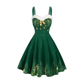 

Christmas Tree Print Mini Dress Sweetheart Neck Faux Fur Panel A Line Dress, Deep green