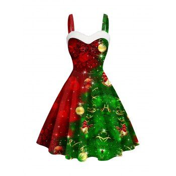 

Christmas Tree Snowflake 3D Print Mini Dress Faux Fur Panel Sweetheart Neck A Line Dress, Multicolor