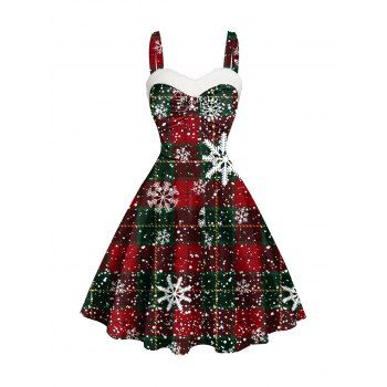 

Christmas Snowflake Plaid Print Mini Dress Sweetheart Neck Faux Fur Panel Dress, Multicolor