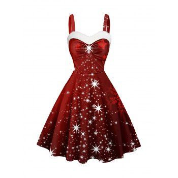 

Christmas Star Snowflake Print Mini Dress Faux Fur Panel Ruched Sweetheart Neck Dress, Deep red