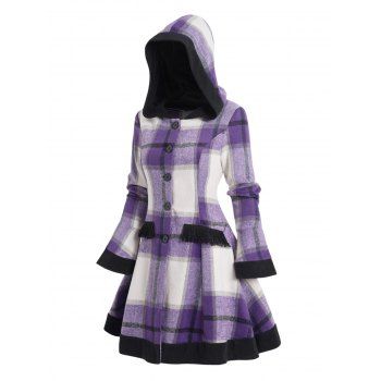 

Colorblock Plaid Print Hooded Coat Button Up Tassel Detail Long Coat, Purple