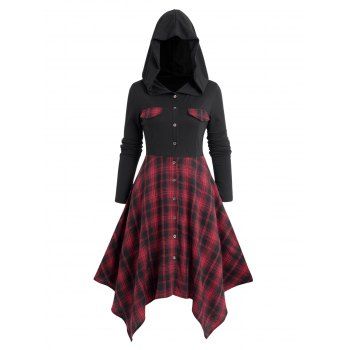 

Plaid Asymmetric Hooded Dress Button Up Mock Button Midi Dress, Red