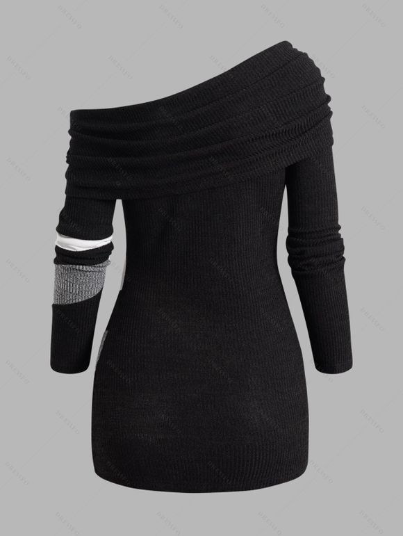 Haut Tricoté Rayure Contrastée Panneau en Blocs de Couleurs Contrasté à Col Oblique - Noir S | US 4