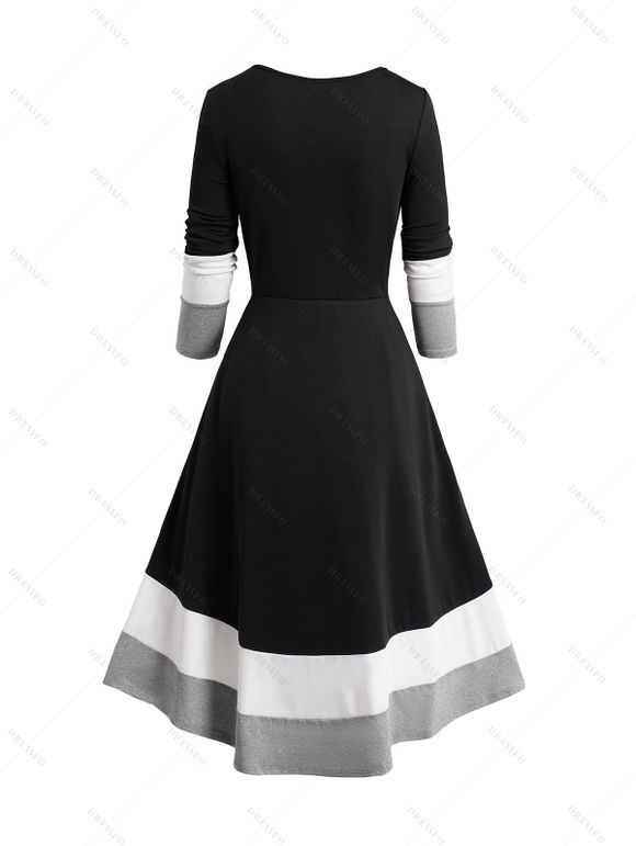 Robe Mi-Longue Superposée Boutonnée Plongeante Panneau en Blocs de Couleurs à Manches Longues - Noir S | US 4