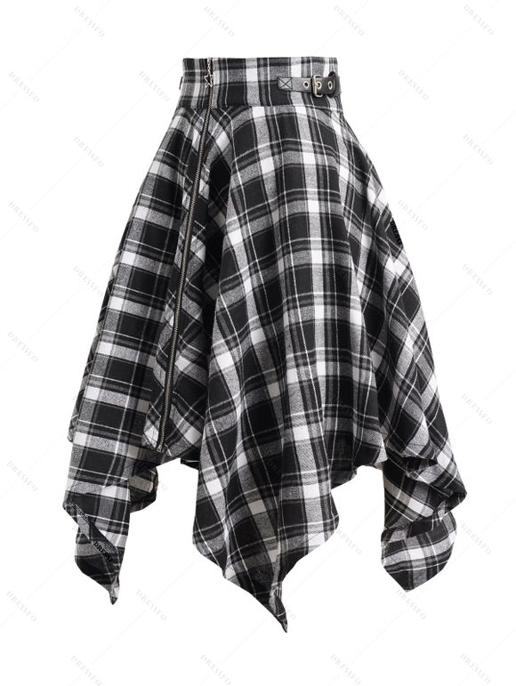 Jupe Mouchoir Mi-Longue Zippée Asymétrique à Bretelle Bouclée à Carreaux - Noir XXL | US 14