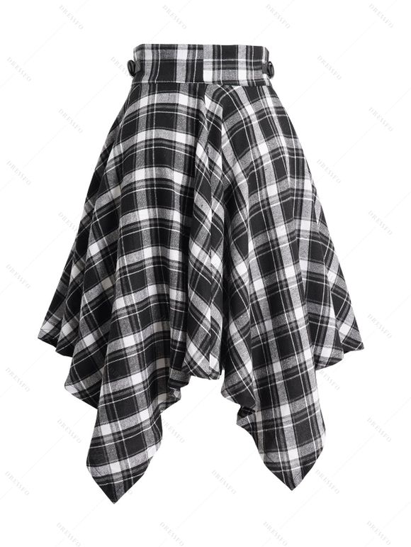 Jupe Mouchoir Mi-Longue Zippée Asymétrique à Bretelle Bouclée à Carreaux - Noir XXL | US 14