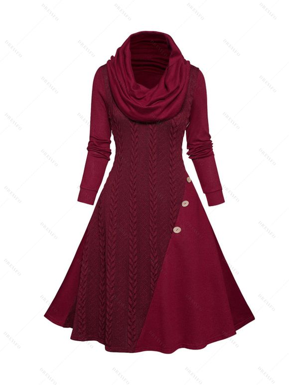 Robe en Tricot à Câble Panneau en Maille avec Faux Bouton à Manches Longues à Col Bénitier - Rouge foncé S