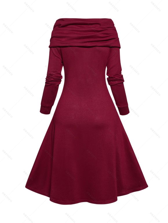 Robe en Tricot à Câble Panneau en Maille avec Faux Bouton à Manches Longues à Col Bénitier - Rouge foncé S