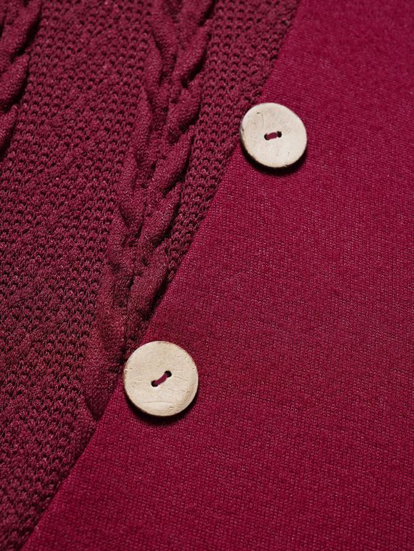 Robe en Tricot à Câble Panneau en Maille avec Faux Bouton à Manches Longues à Col Bénitier - Rouge foncé S