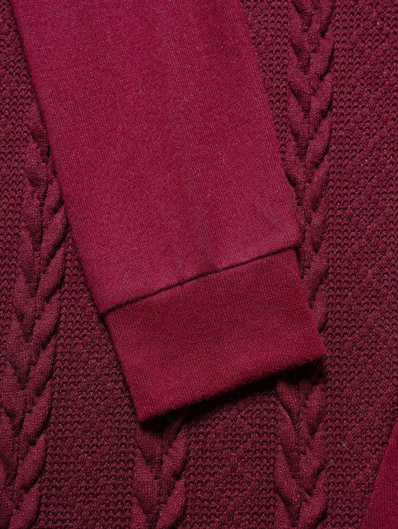 Robe en Tricot à Câble Panneau en Maille avec Faux Bouton à Manches Longues à Col Bénitier - Rouge foncé S