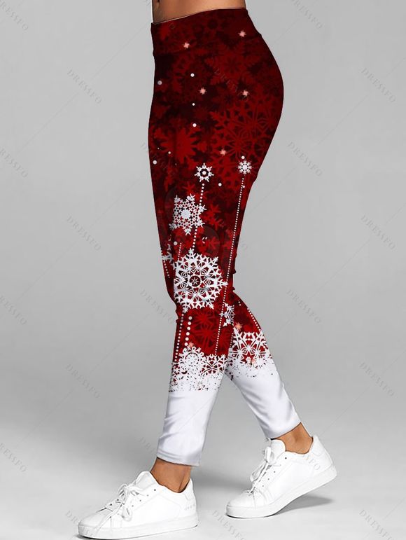 Legging Décontracté Long Imprimé Flocon de Neige Noël à Taille Élastique - Rouge XL | US 10