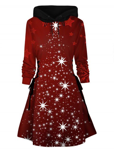 Christmas Star 3D Print Mini Hoodie Dress Lace Up A Line Hooded Dress