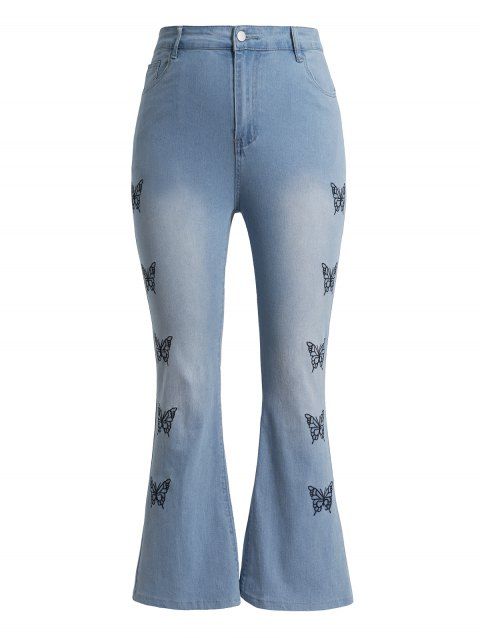 Plus Size & Curve Butterfly Embroidery Flare Jeans Zip Fly Faded Wash Long Denim Pants