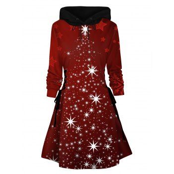 

Christmas Star 3D Print Mini Hoodie Dress Lace Up A Line Hooded Dress, Red