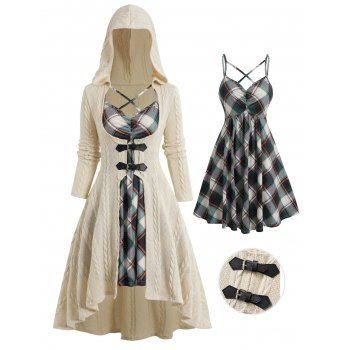 

High Low Twist Solid Color Longline Hooded Knit Coat And Plaid Crisscross Mini Cami Dress Set, Crystal cream