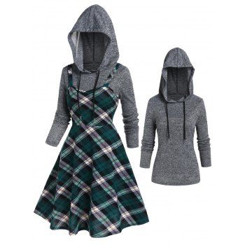 

Heather Drawstring Long Sleeve Hoodie And Plaid Print High Waisted A Line Mini Dress Two Piece Set, Deep green