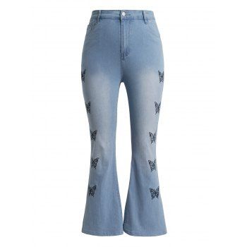 

Plus Size & Curve Butterfly Embroidery Flare Jeans Zip Fly Faded Wash Long Denim Pants, Light blue