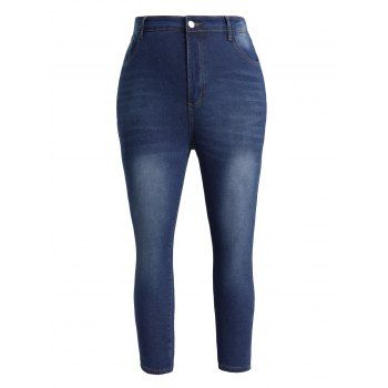 

Plus Size Faded Wash Nine-minute Pencil Jeans Stitching Zip Fly Denim Pants, Deep blue