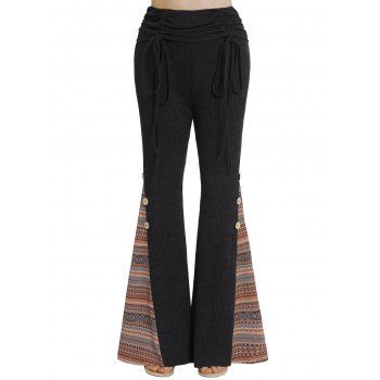 

Tribal Print Panel Knit Flare Pants Cinched Foldover Long Knitted Pants, Black