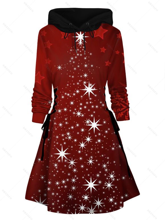 Mini Robe à Capuche Ligne A 3D Etoile de Noël Imprimée à Lacets - Rouge S | US 4