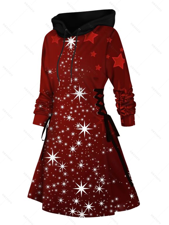 Mini Robe à Capuche Ligne A 3D Etoile de Noël Imprimée à Lacets - Rouge XXL | US 12