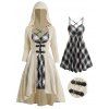 High Low Twist Solid Color Longline Hooded Knit Coat And Plaid Crisscross Mini Cami Dress Set